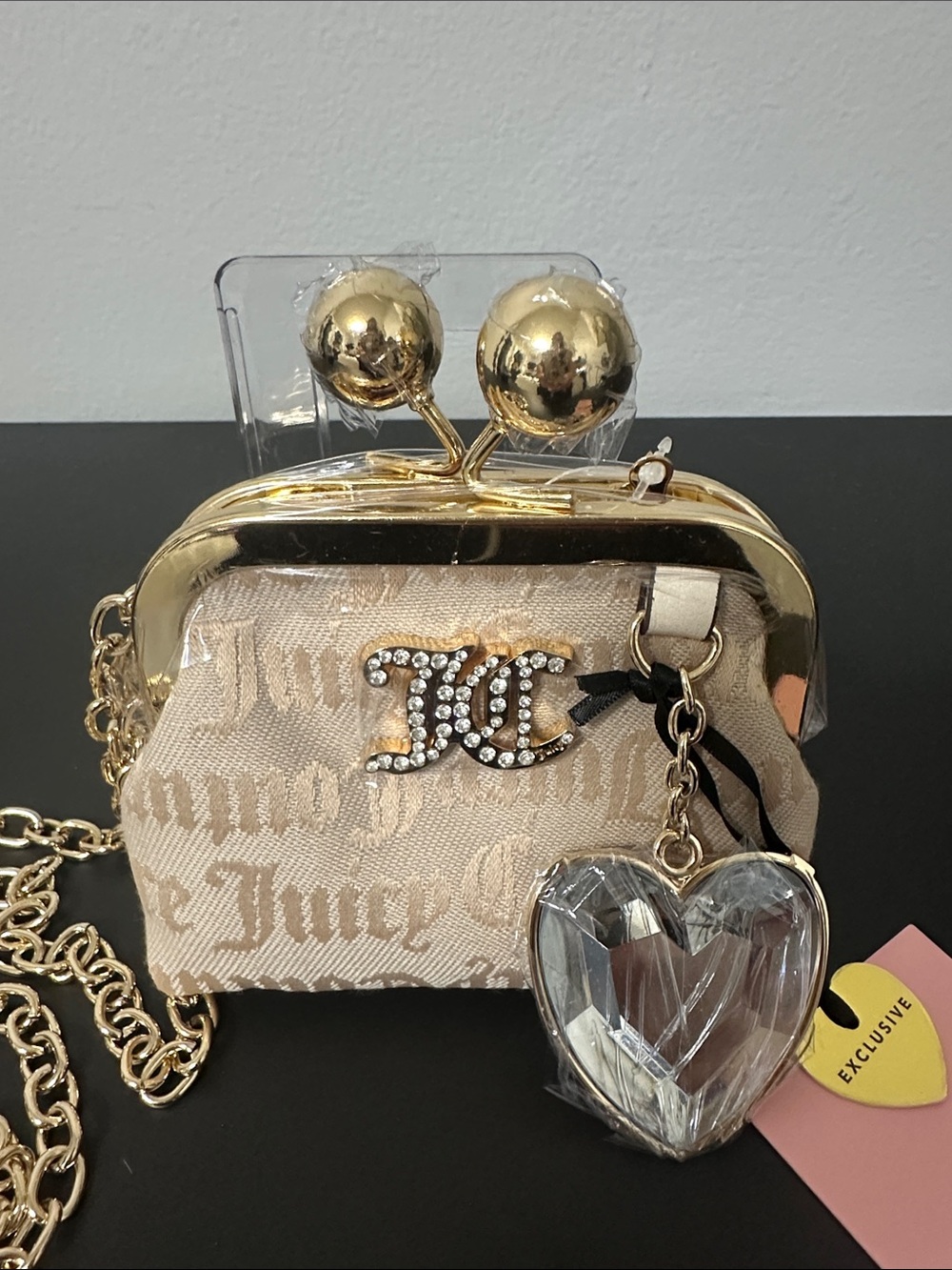 Juicy Couture Beige Mini Heart Charm Crossbody with Gold Chain. NWT